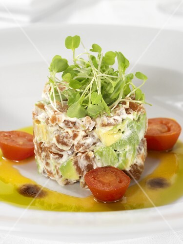 Smoked salmon and avocado tower with cress