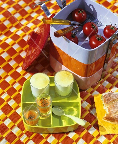 Tomatoes, desserts, sandwich with picnic things
