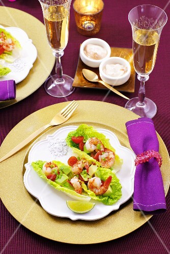 Prawn cocktail with avocado on lettuce leaves