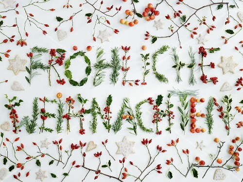 'Fröhliche Weihnachten' (Merry Christmas in German) written in berries & foliage