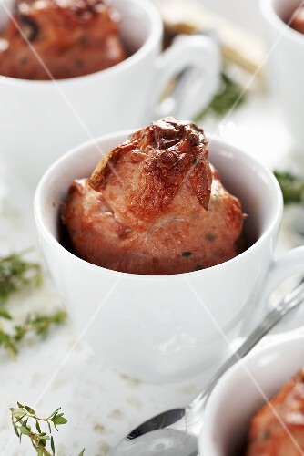 Leberkäse with truffle (a type of meatloaf) in cappuccino cup