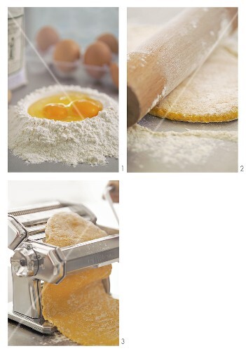 Making pasta dough and rolling it out with a pasta maker