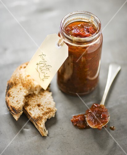Tomato relish in a screw-top jar