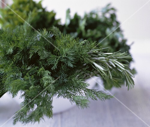 Fresh herbs in white bowl