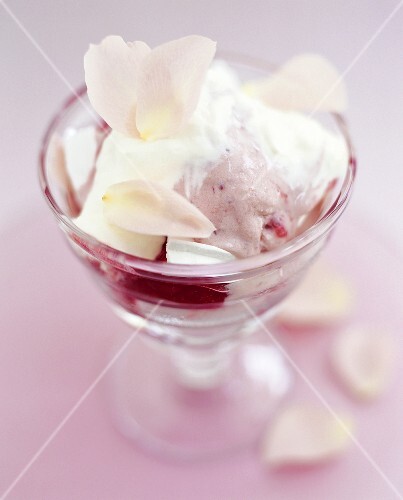 Ice cream sundae with rose petals