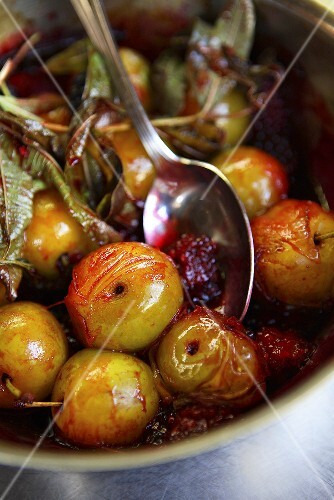 Cooked greengages with jam