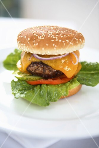 Cheeseburger with onion and tomato