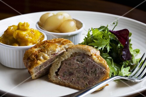 Pork pie with piccalilli and pickled onions