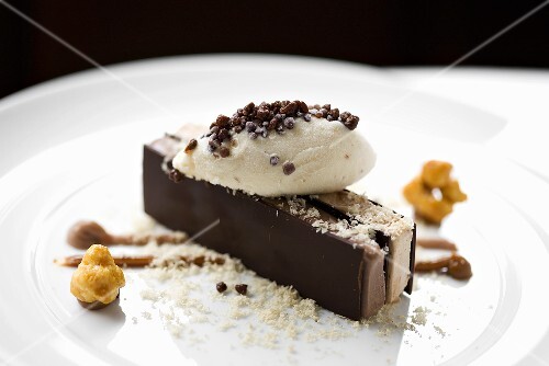 Chocolate & chestnut semifreddo, popcorn ice cream & dulce de leche