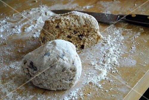 Soda bread dough on a floured work surface
