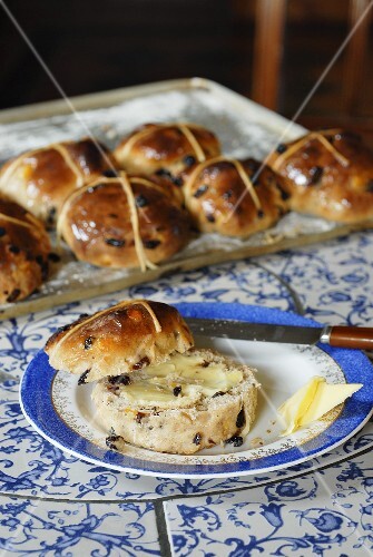 Hot cross buns, one buttered