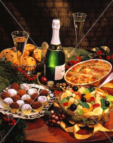 Assorted Christmas Dishes with Champagne