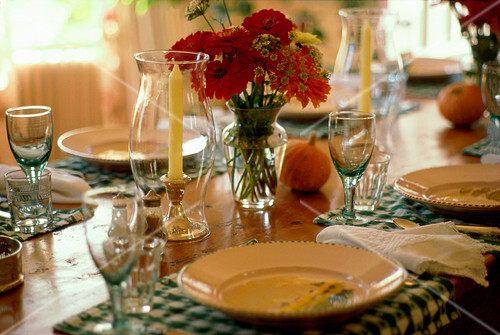 Table Setting with Gourd and Flower Bouquet