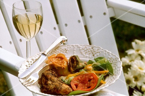 Grilled Chicken with Salad and a Glass of Wine; Outdoors
