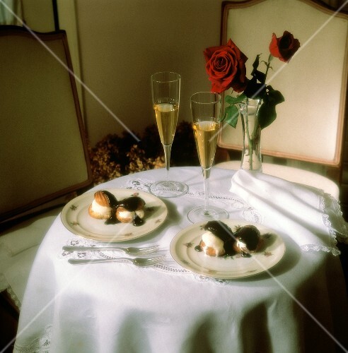 Biscuits with Ice Cream and Hot Fudge; Champagne