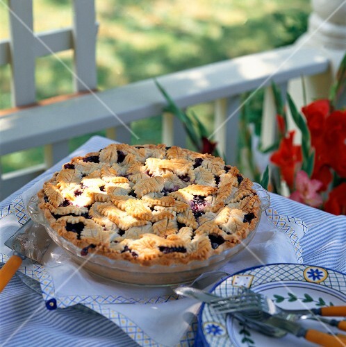 Whole Blueberry Pie on an Outdoor Table