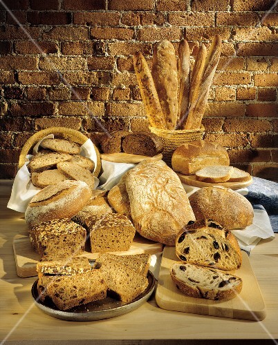 Several Assorted Types of Bread; Brick Wall