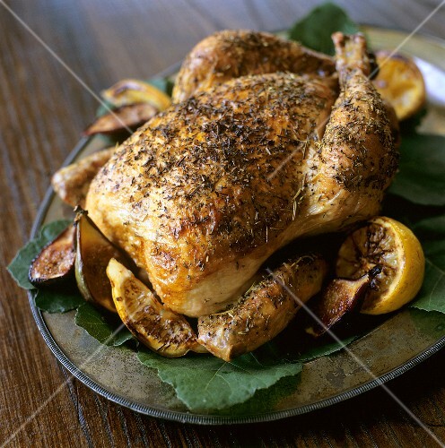 Roast Herb Chicken and Figs; Lemons on Fig Leaves
