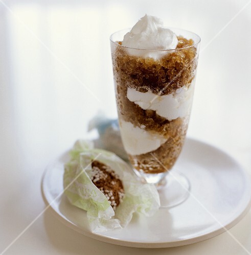 Layered Coffee Granita and Whipped Cream Dessert; Amaretto Cookies