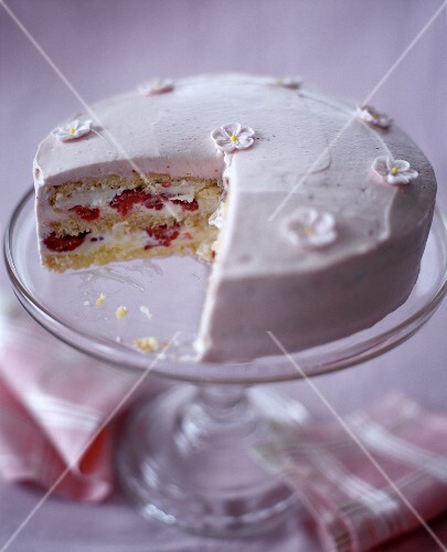 Raspberry Cream Cake with a Piece Removed