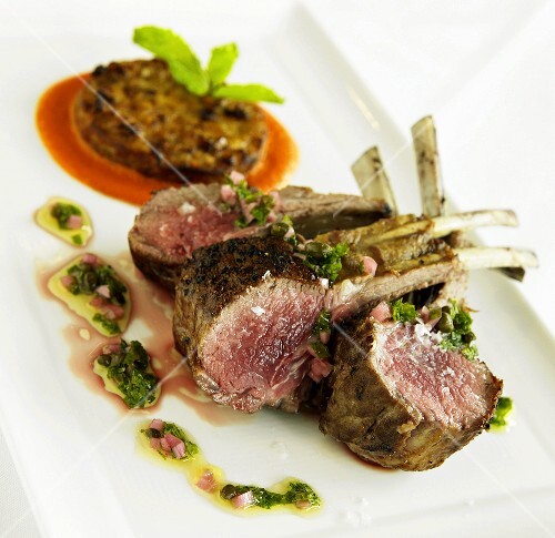 rack of lamb with mint sauce  eggplant apple cake