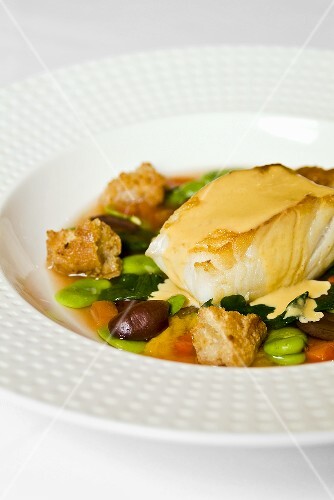 Seared Sea Bass with Fava Bean and Arugula Stew