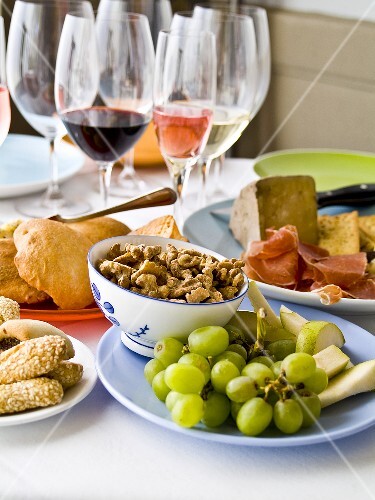 Service Table with Appetizers and Wine