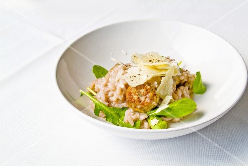Bowl of Risotto Rosso with Lamb Meatballs