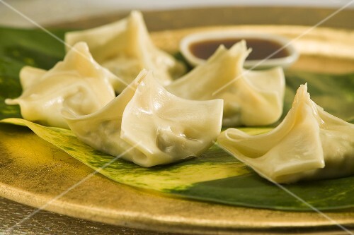 Pot Stickers on a Plate with a Bowl of Dipping Sauce; Close Up