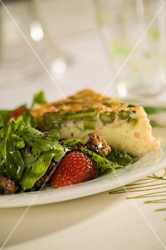 Slice of Quiche and Salad with Strawberries; Close Up