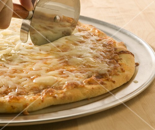 Cutting a Cheese Pizza with a Pizza Cutter