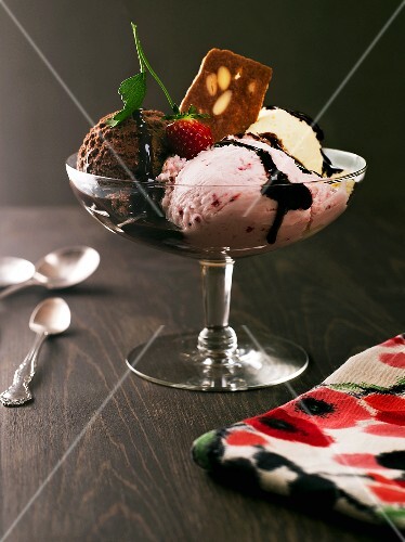 Ice Cream Sundae with Chocolate, Strawberry and Vanilla Ice Cream