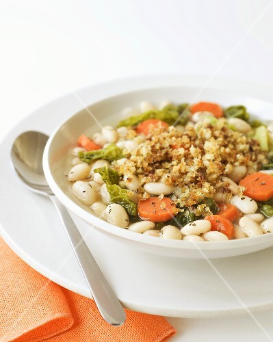 White Bean, Carrot and Cabbage Stew in a White Bowl