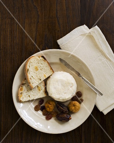 Soft Ripened Goat Cheese with Dried Fruit and Bread; From Above