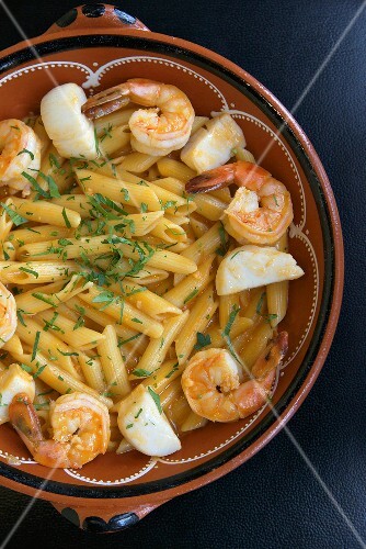Penne with Shrimp and Scallops in Cachsca Sauce (Brazilian Fermented Sugar Cane Liquor)