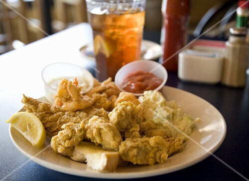 Fried Fish with Potato Salad; Diner Table