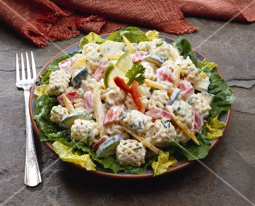 Pasta Salad on Lettuce Bed; On Plate; Fork