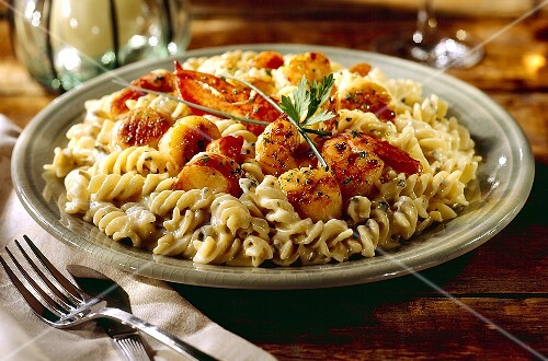 Plate of Seafood Pasta on Wooden Table