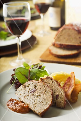 Chicken and Turkey Meatloaf with Chipotle BBQ sauce; Mashed Potatoes, Mesclun Salad and Bacon.