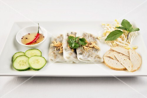 Banh Cuon; Crepe Like Roll made from Rice Flour Filled with Pork and Mushroom; Sprouts and Cucumbers