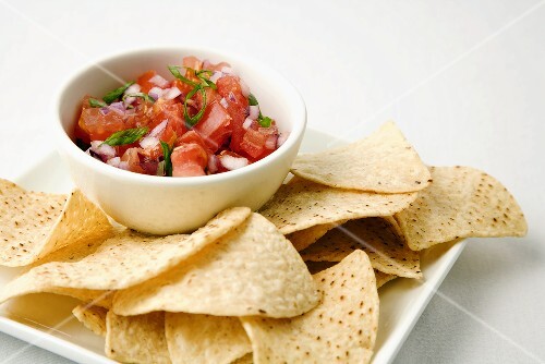 Salsa and Corn Chips on a White Dish