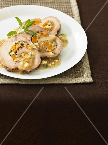 Sliced Rolled Stuffed Pork Loin with Gravy