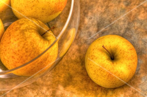 Ginger Gold Apples; In and Beside a Glass Bowl; From Above