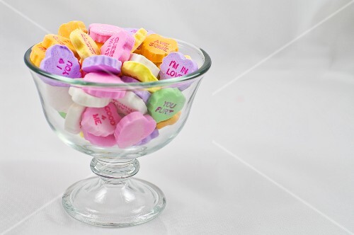 Glass Bowl of Large Conversation Hearts