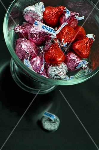 Glass Dish of Red, Pink and Silver Chocolate Kisses