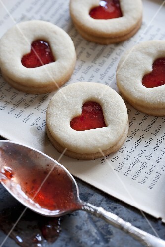 Jam Filled Heart Window Cookies; Spoon with Jam